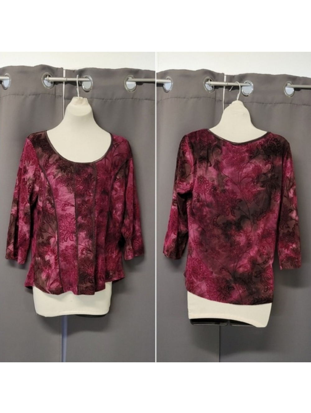 Vintage y2k 90s Purple Floral Burnout Velvet 3/4 Sleeve Punk Whimsygoth Top Lg‎